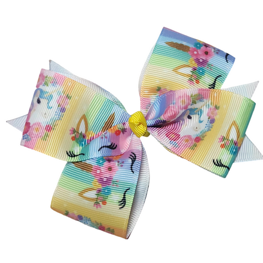 Colorful Floral Unicorn Medium Classic Hair Bow