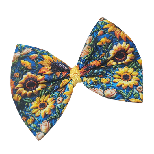 Sunflowers on Denim Fabric Hair Bow